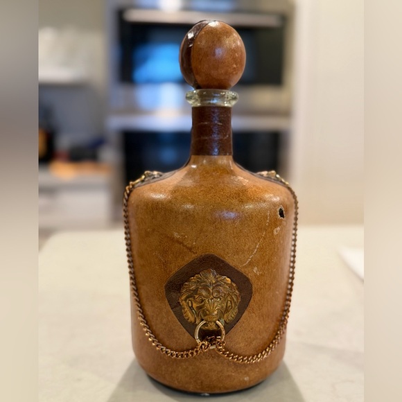 Vintage Leather Lion Motif Gold Italian DecanterVase Home Decor Man Cave Rare